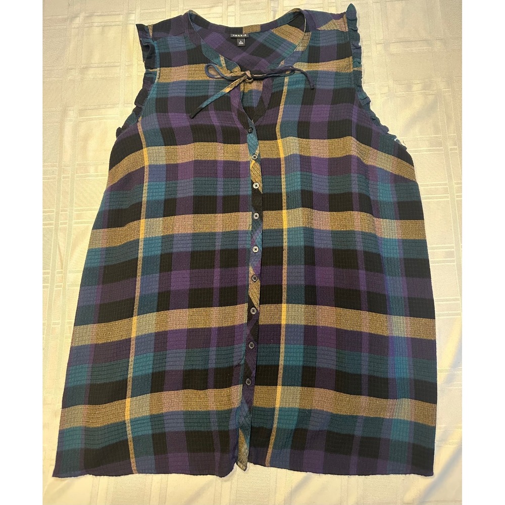 Torrid Top Women 5 Purple Plaid Tie Neck Ruffle Sleeveless Button Up Blouse